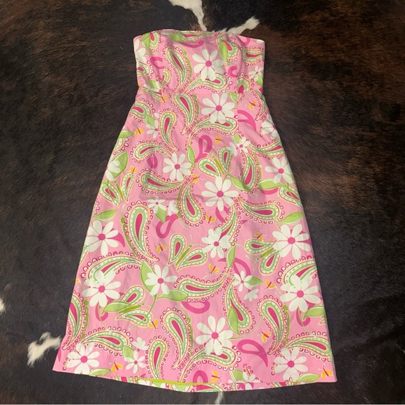 Lilly Pulitzer Size 12 Strapless Dress Pink Green Halter Back - Picture 1 of 9